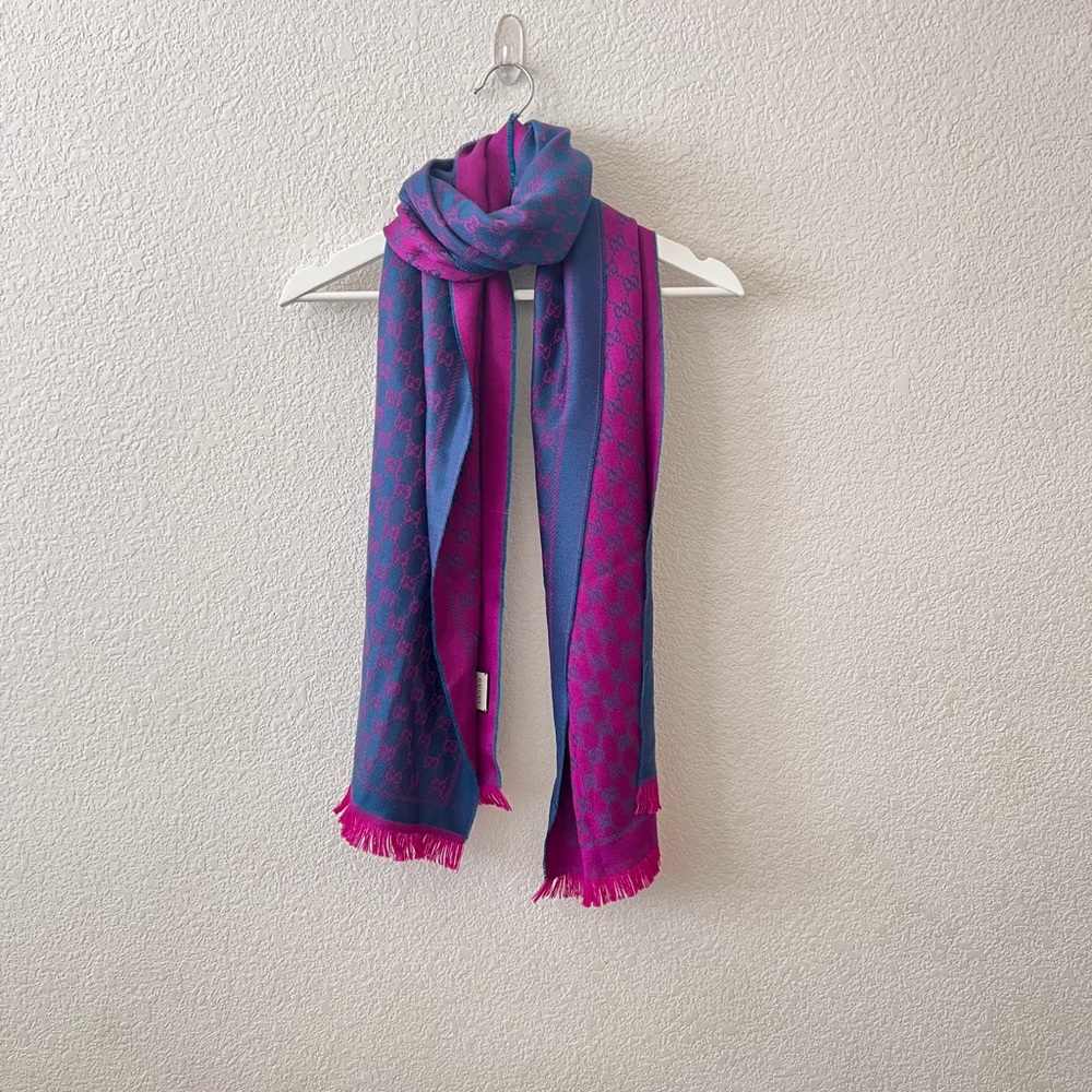 Gucci GG Reversible Scarf - Petroleum Blue/Pink - Picture 1 of 13